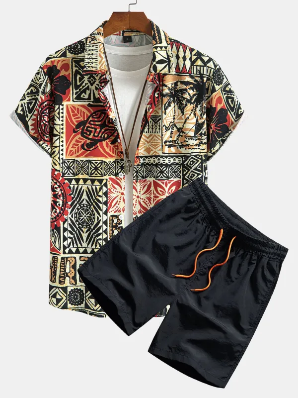 Palm Tree Turtle Ethnic Geometry Print Button Up Shirt & Swim Shorts sold by Hoooyi