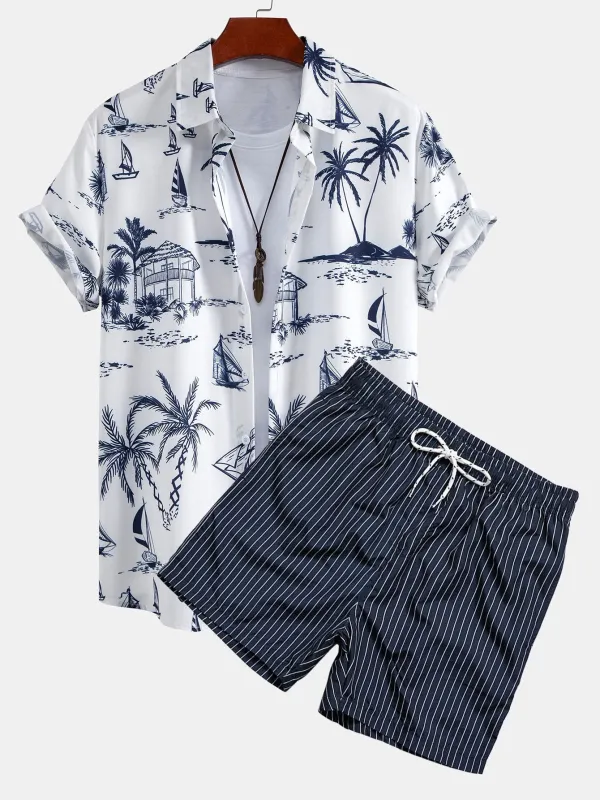 Island Sailing Print Button Up Shirt & Striped Print Swim Shorts sold by Hoooyi