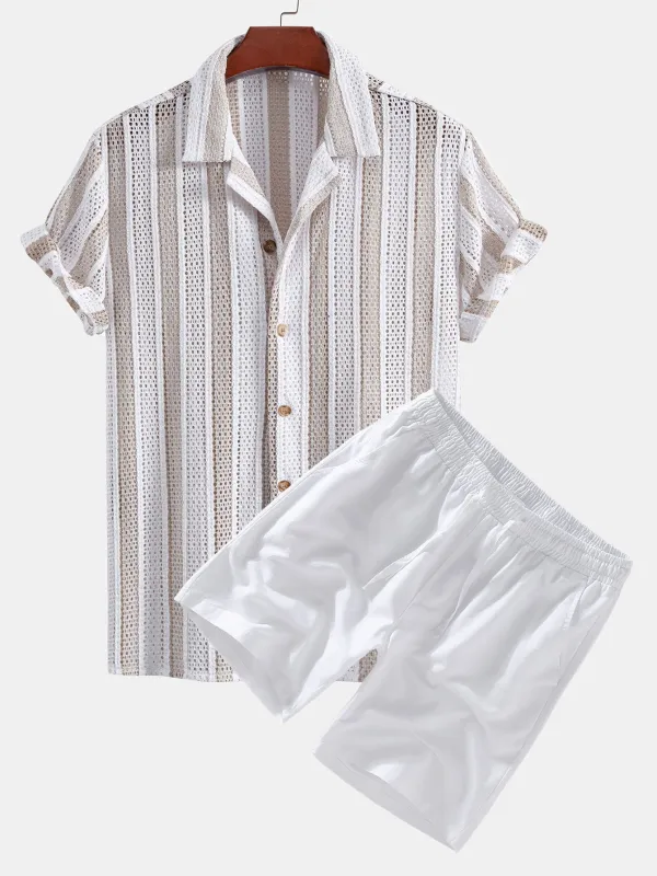 Striped Mesh Cuban Shirt & Linen Drawstring Shorts made by Hoooyi
