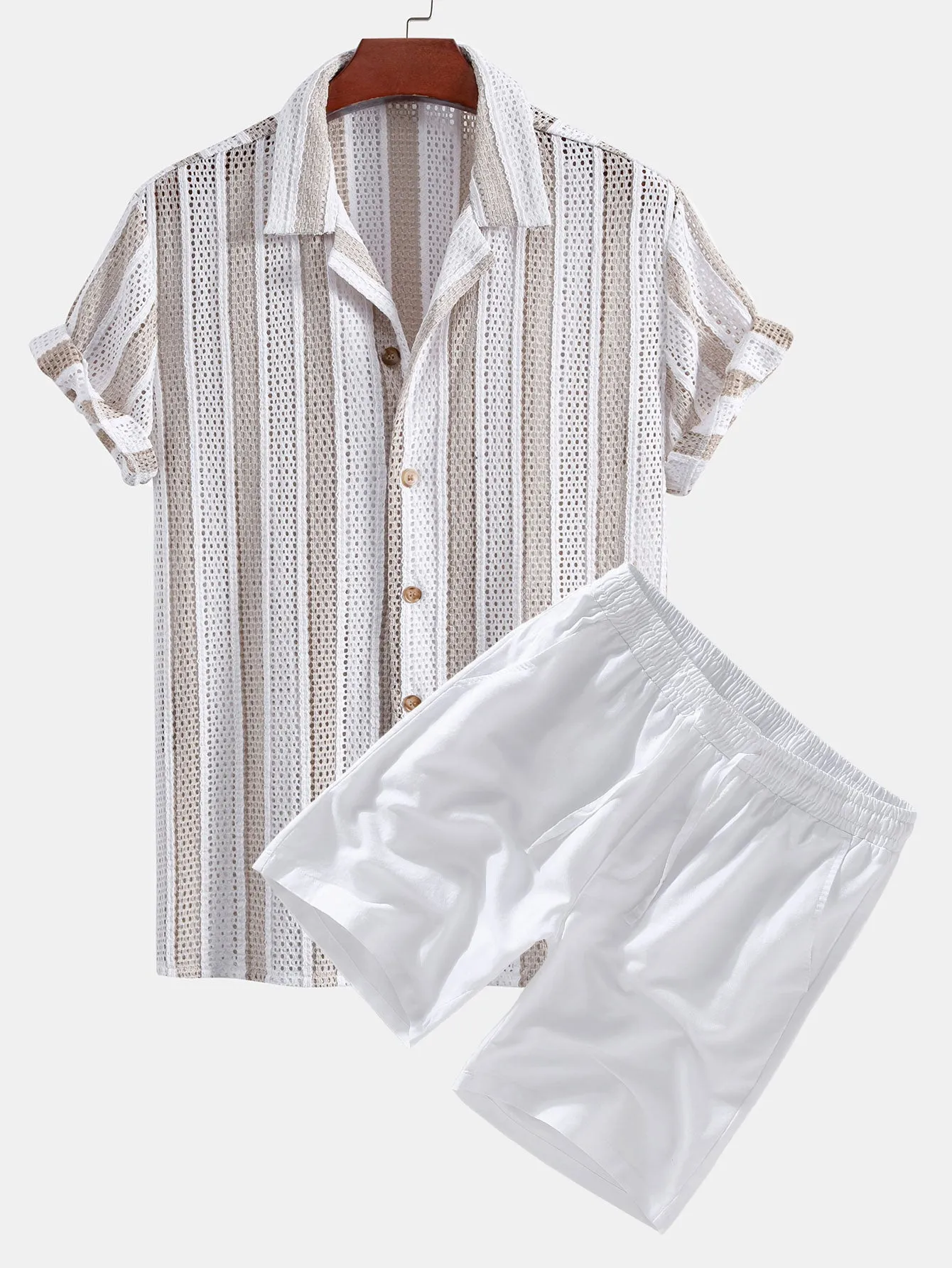 Striped Mesh Cuban Shirt & Linen Drawstring Shorts sold by Hoooyi