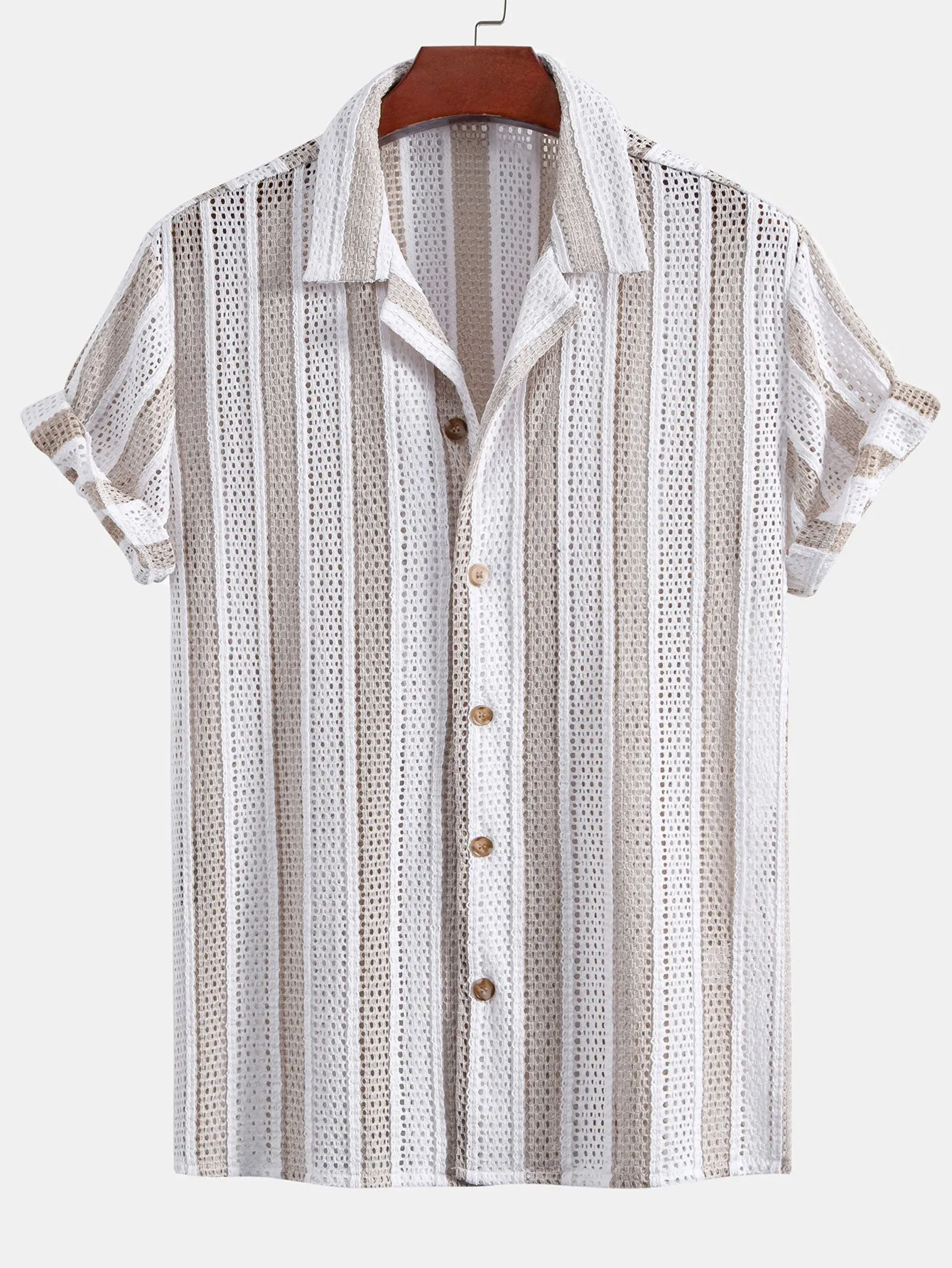 Striped Mesh Cuban Shirt & Linen Drawstring Shorts sold by Hoooyi product image thumbnail 2