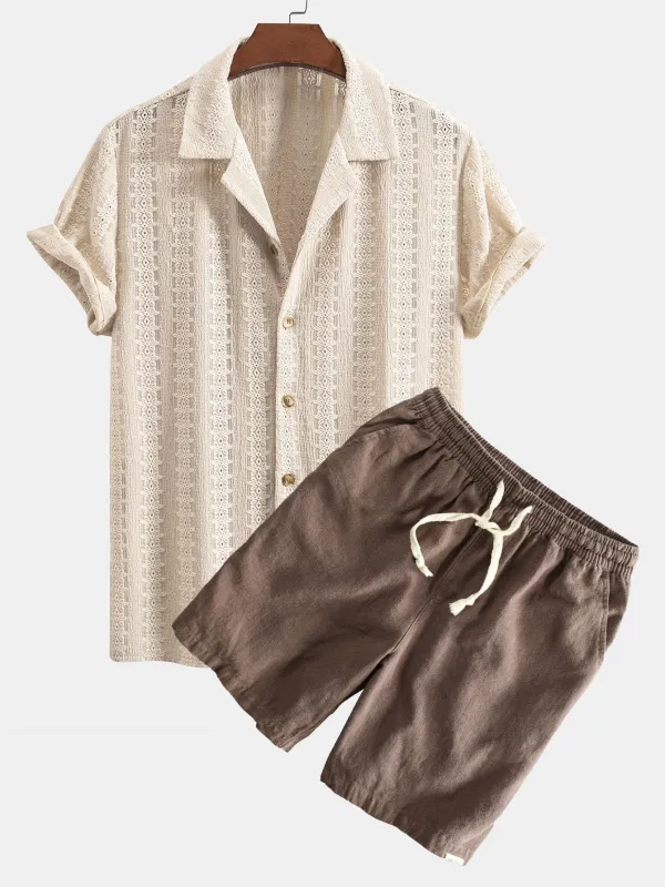 Floral Jacquard Textured Cuban Shirt & Linen Cotton Blend Drawstring Shorts made by Hoooyi
