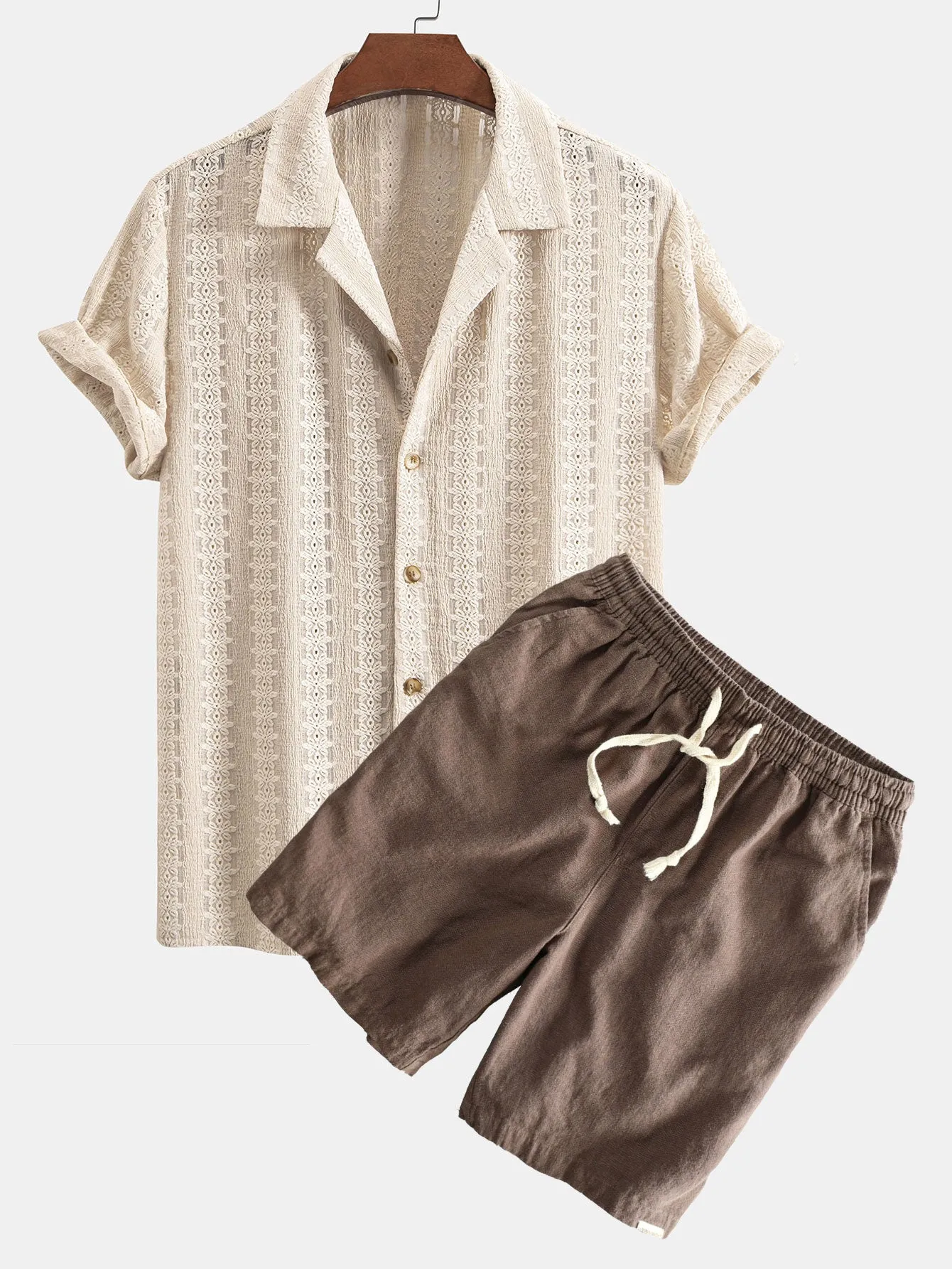 Floral Jacquard Textured Cuban Shirt & Linen Cotton Blend Drawstring Shorts sold by Hoooyi
