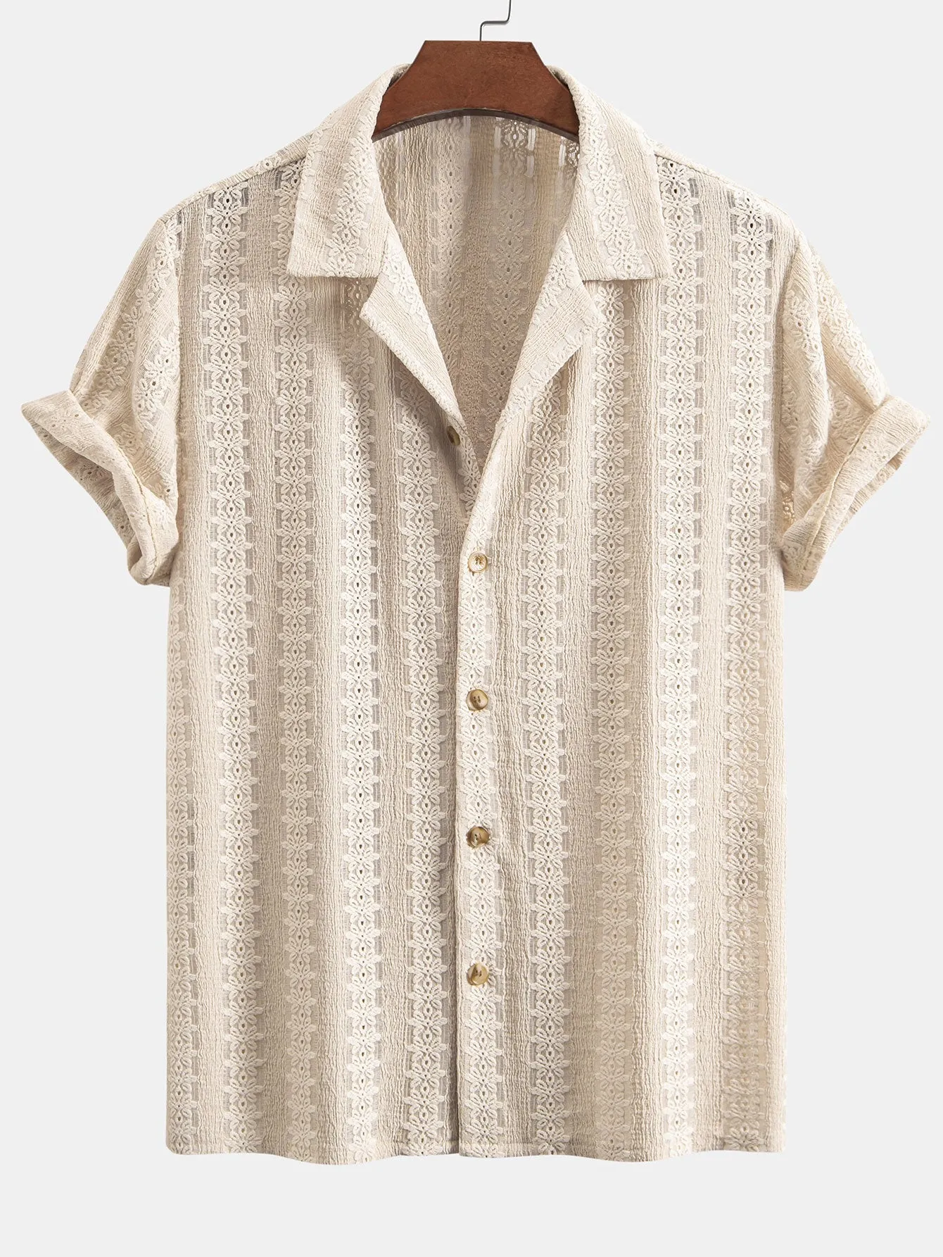 Floral Jacquard Textured Cuban Shirt & Linen Cotton Blend Drawstring Shorts sold by Hoooyi product image thumbnail 3