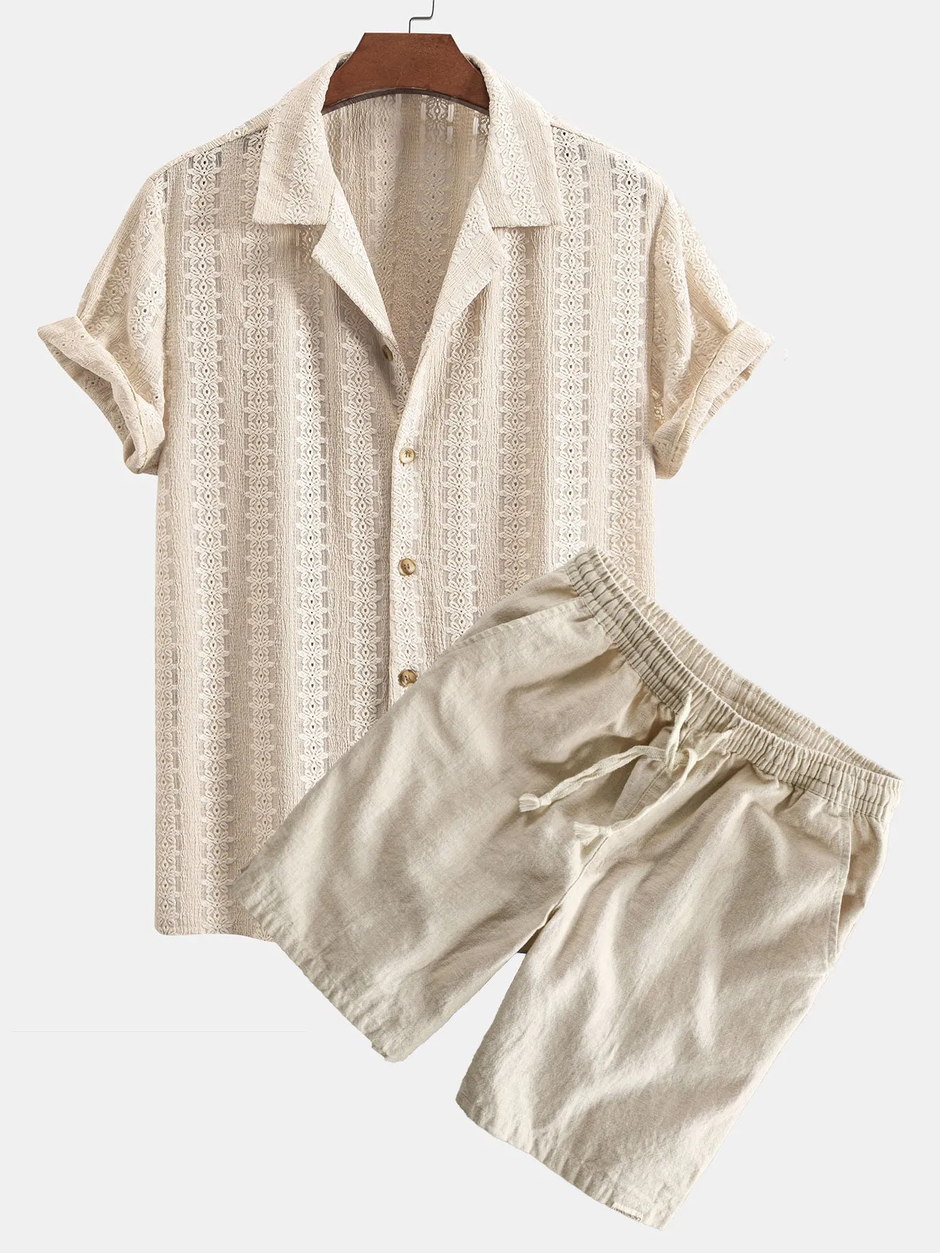 Floral Jacquard Textured Cuban Shirt & Linen Cotton Blend Drawstring Shorts sold by Hoooyi product image thumbnail 2