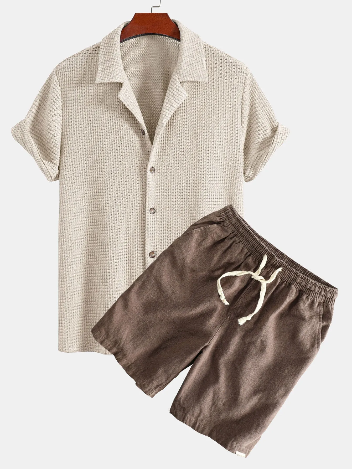 Textured Cuban Shirt & Linen Cotton Blend Drawstring Shorts sold by Hoooyi product image thumbnail 3