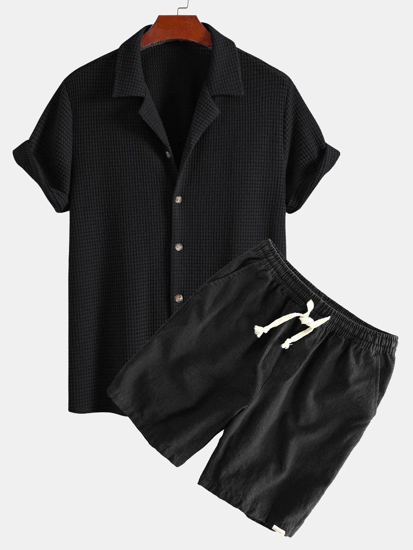 Textured Cuban Shirt & Linen Cotton Blend Drawstring Shorts sold by Hoooyi product image thumbnail 4