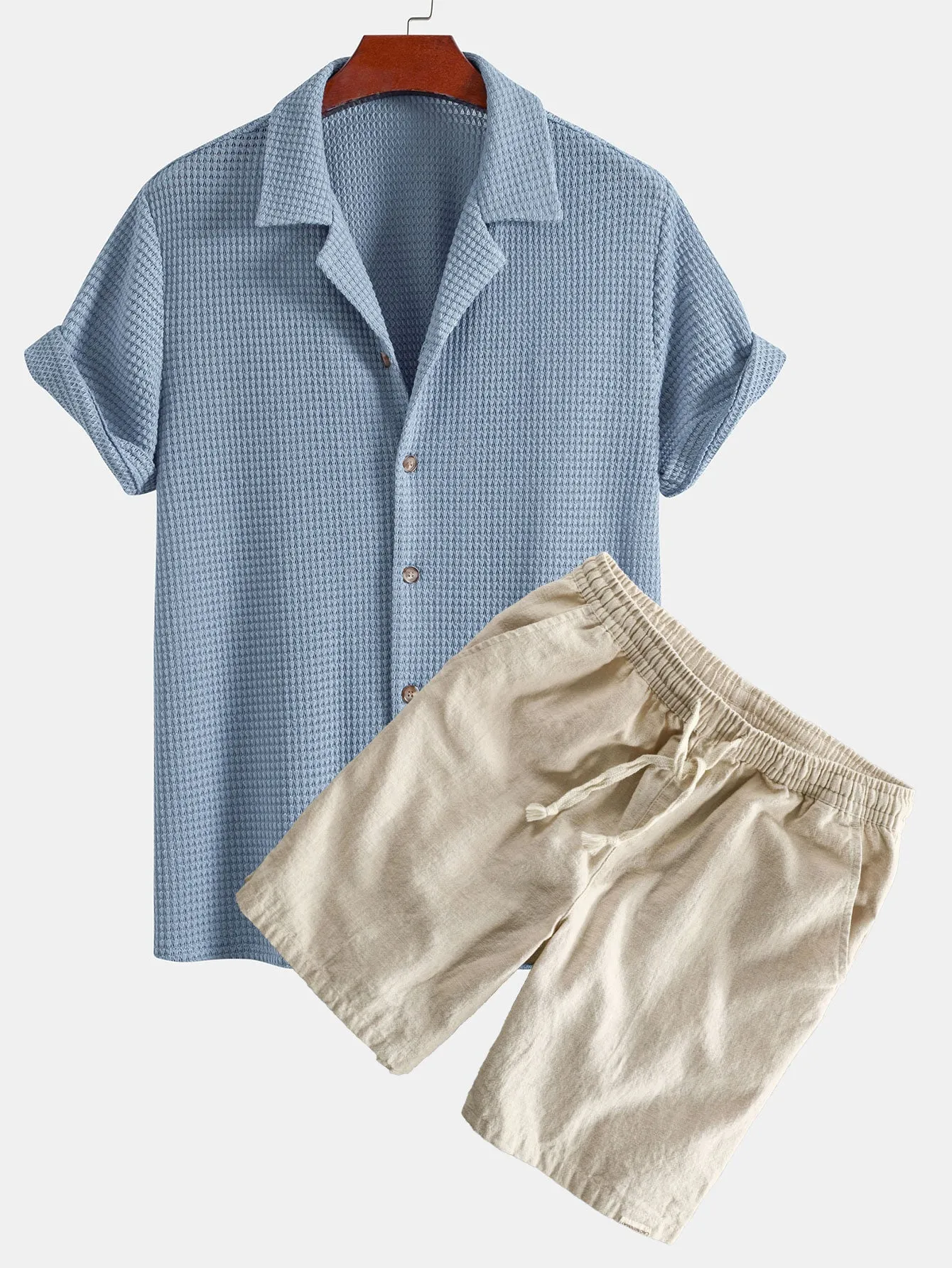 Textured Cuban Shirt & Linen Cotton Blend Drawstring Shorts sold by Hoooyi