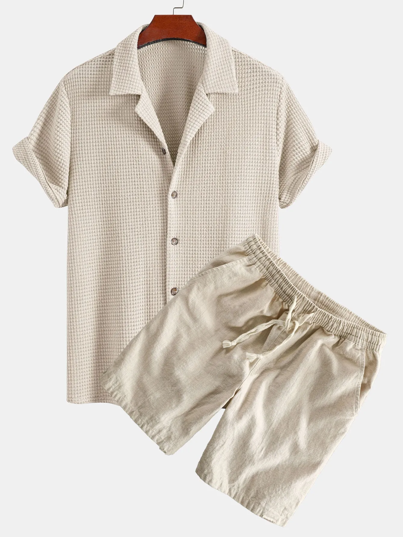 Textured Cuban Shirt & Linen Cotton Blend Drawstring Shorts sold by Hoooyi product image thumbnail 2