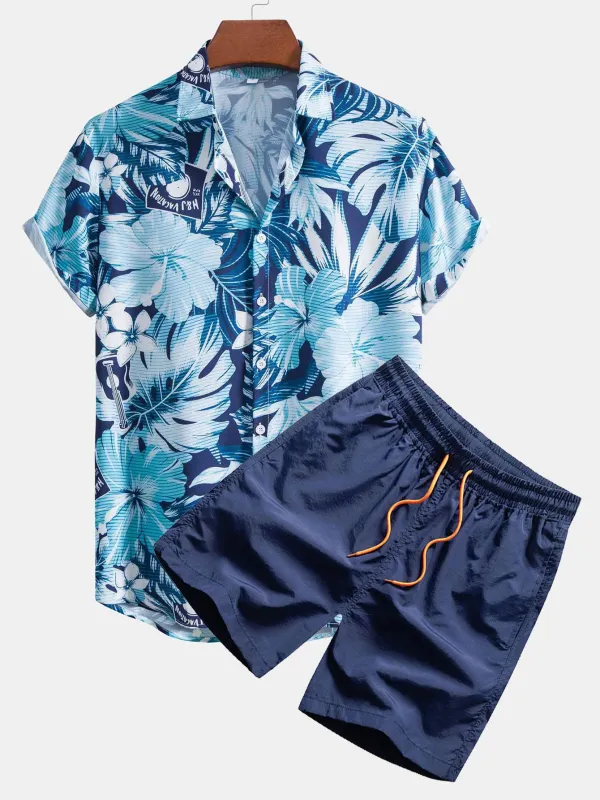 Musical Instrument Tropical Print Button Up Shirt & Swim Shorts sold by Hoooyi