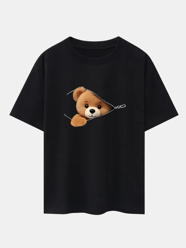Zipper Bear Print Drop Shoulder Oversize T-Shirt sold by Hoooyi