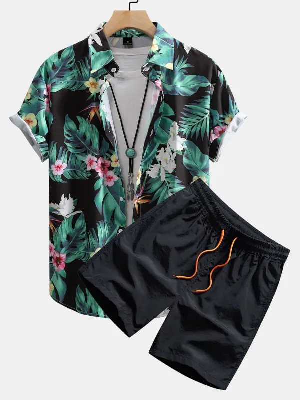 Tropical Flowers Print Button Up Shirt & Swim Shorts sold by Hoooyi