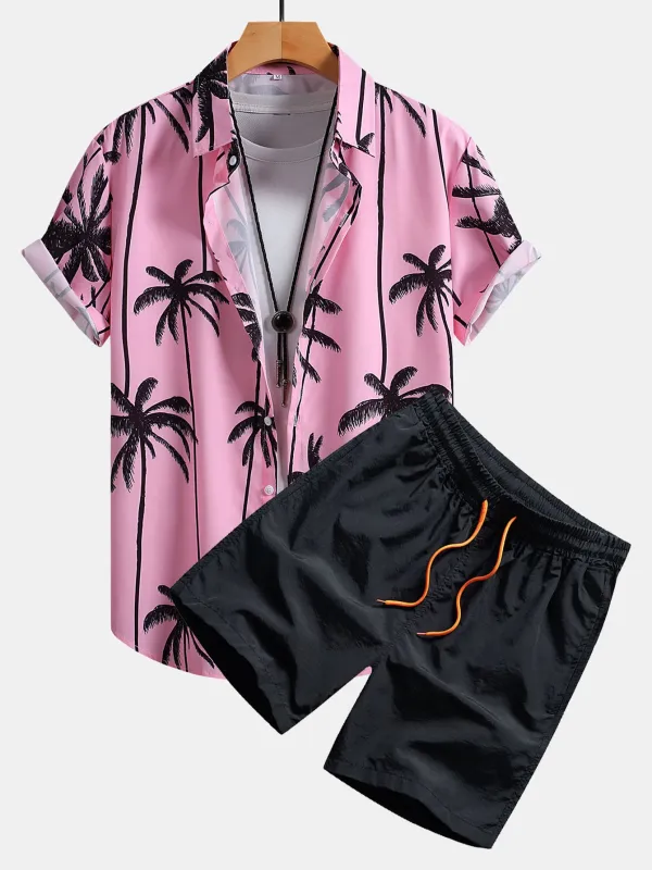 Palm Tree Print Button Up Shirt & Swim Shorts made by Hoooyi