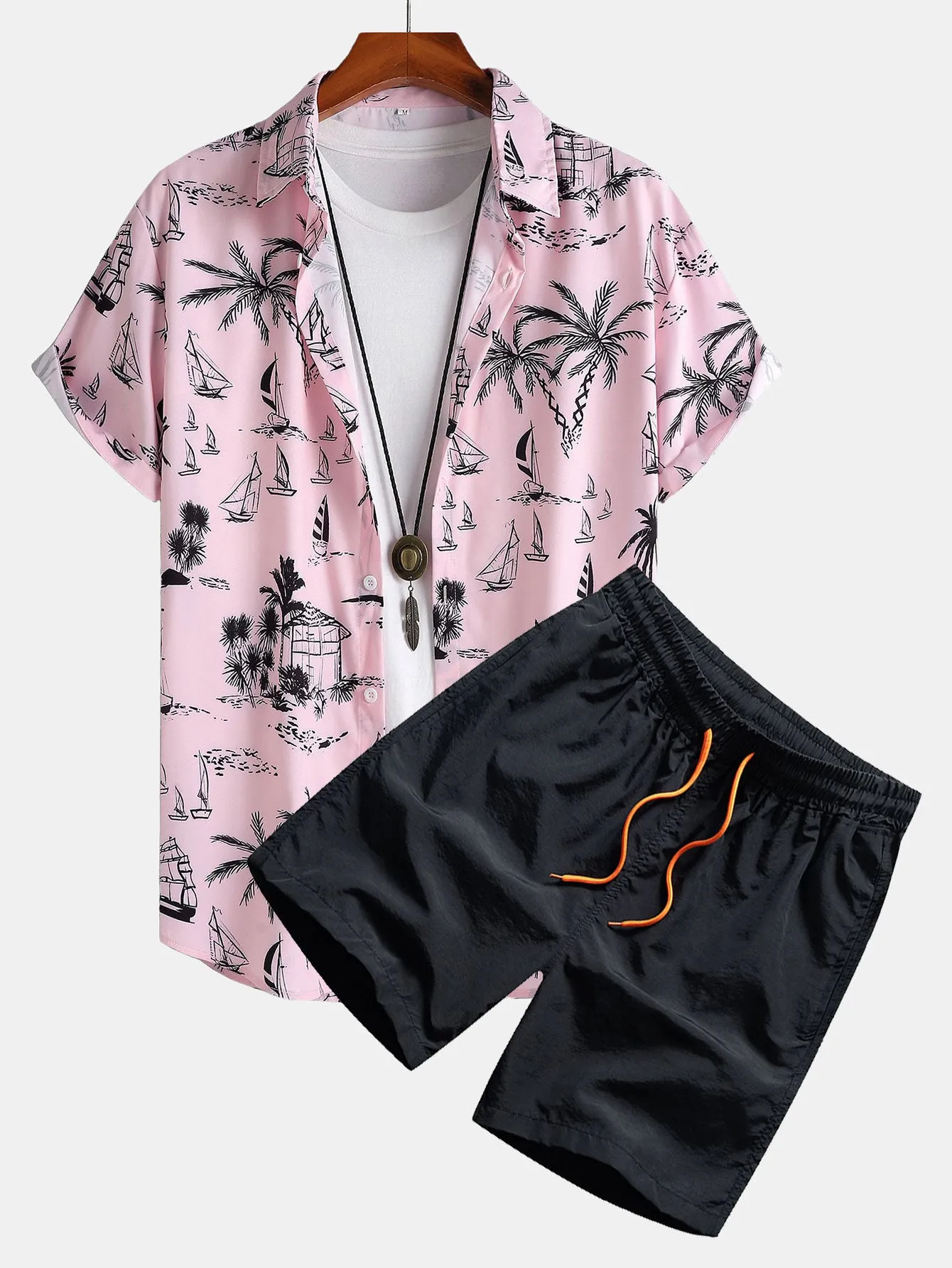 Palm Tree Sailboat Print Button Up Shirt & Swim Shorts sold by Hoooyi