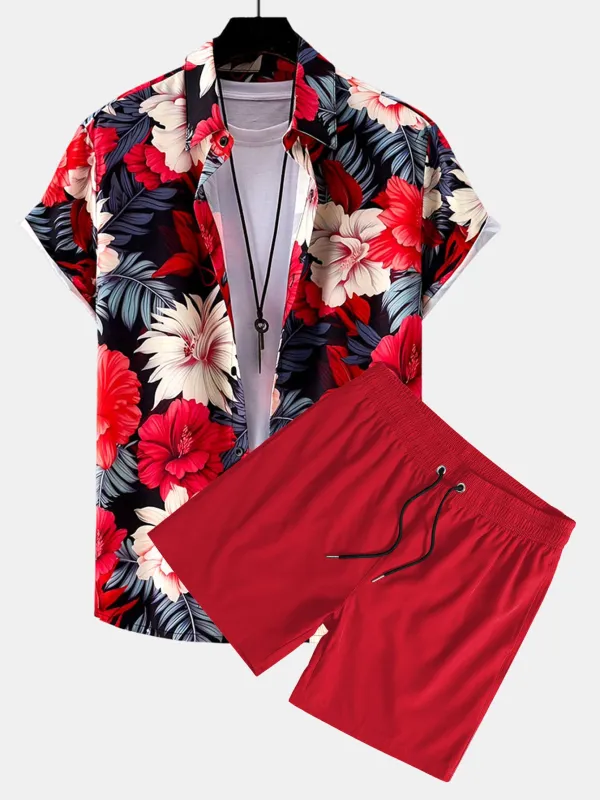 Tropical Flowers Print Button Up Shirt & Solid Drawstring Swim Shorts sold by Hoooyi