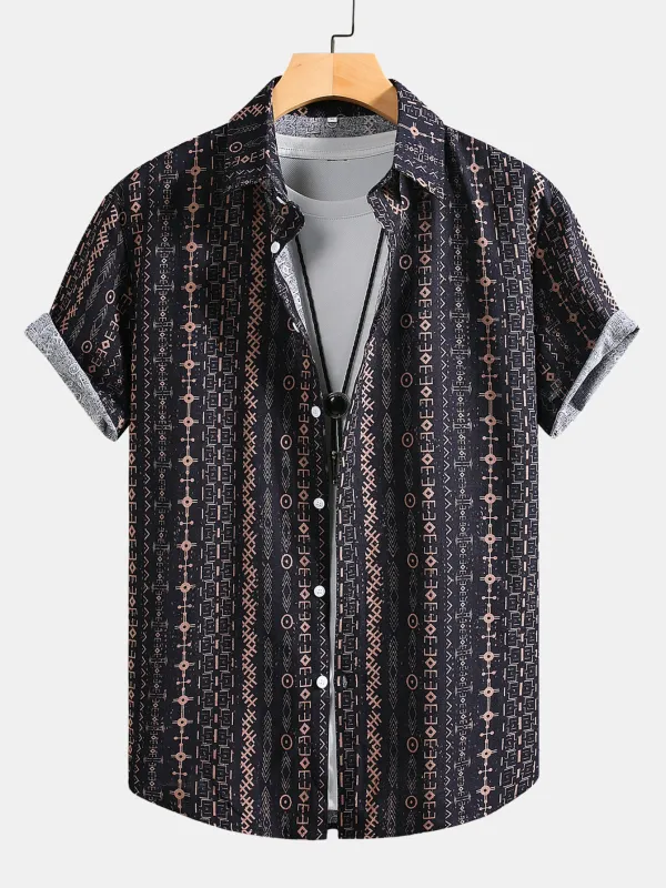 Linen Look Ethnic Geometric Print Button Up Shirt sold by Hoooyi