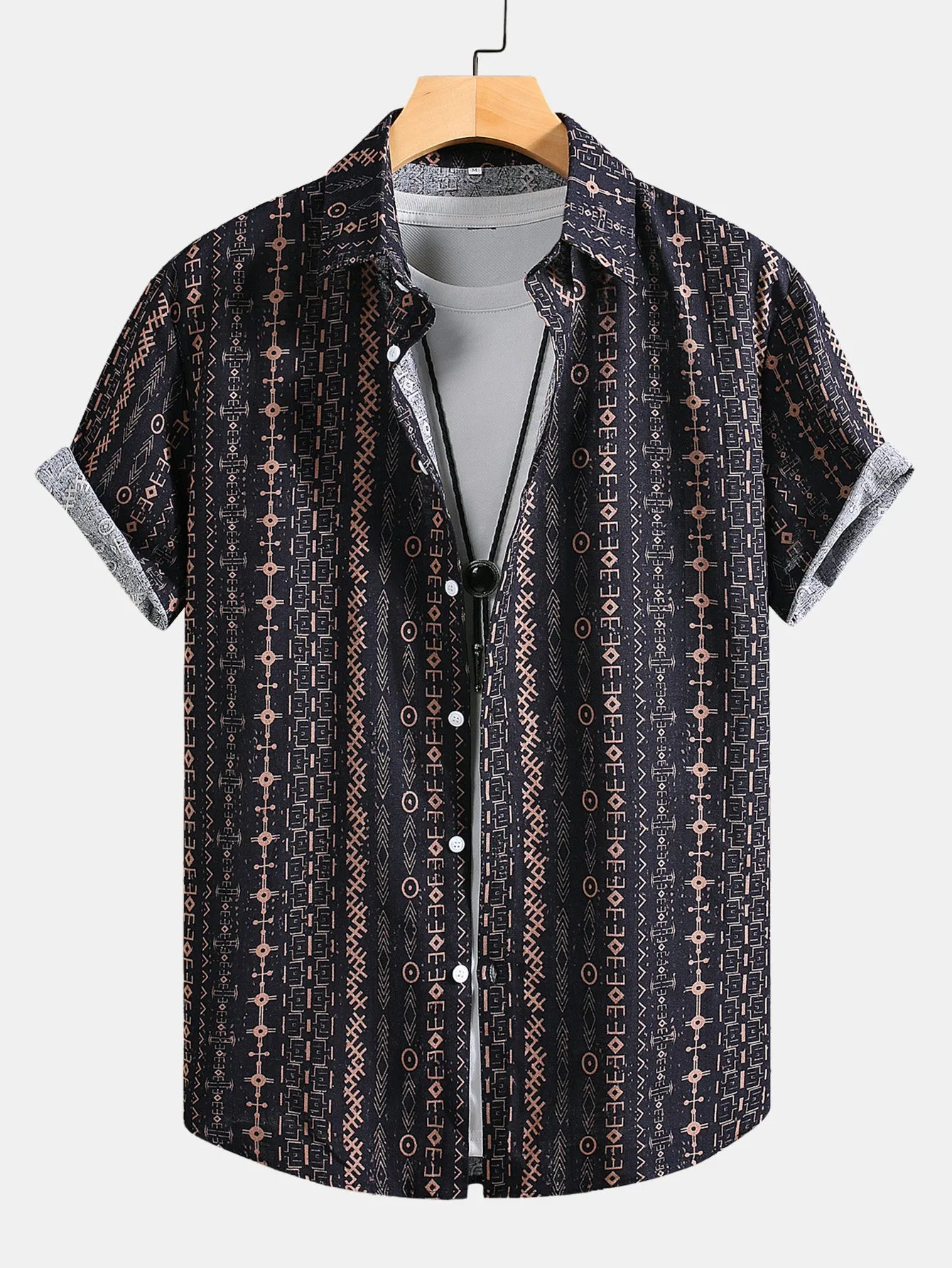 Linen Look Ethnic Geometric Print Button Up Shirt sold by Hoooyi