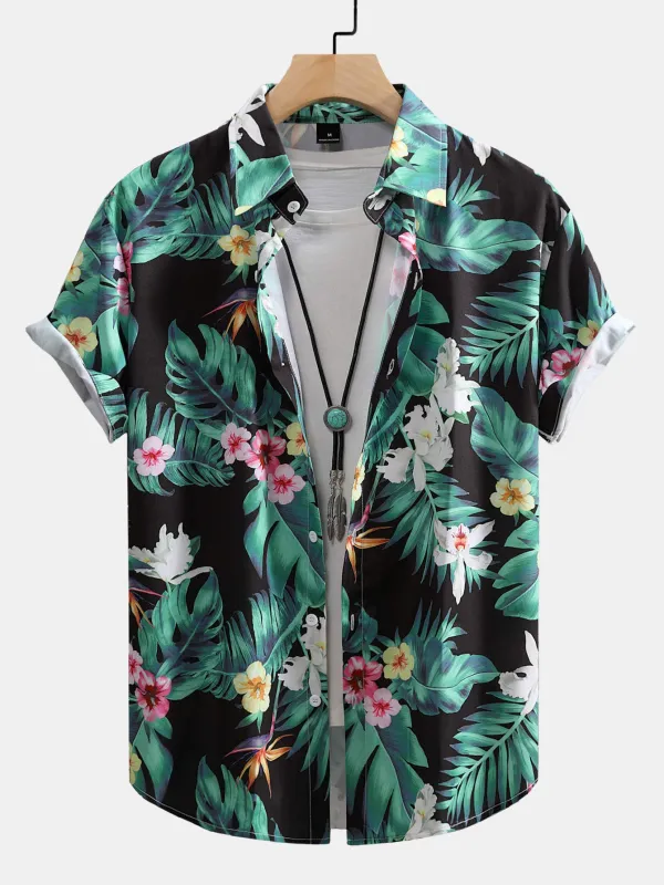Tropical Flowers Print Button Up Shirt sold by Hoooyi