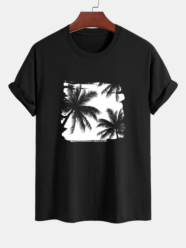 Regular Fit Palm Trees Silhouette Print Cotton T-Shirt sold by Hoooyi