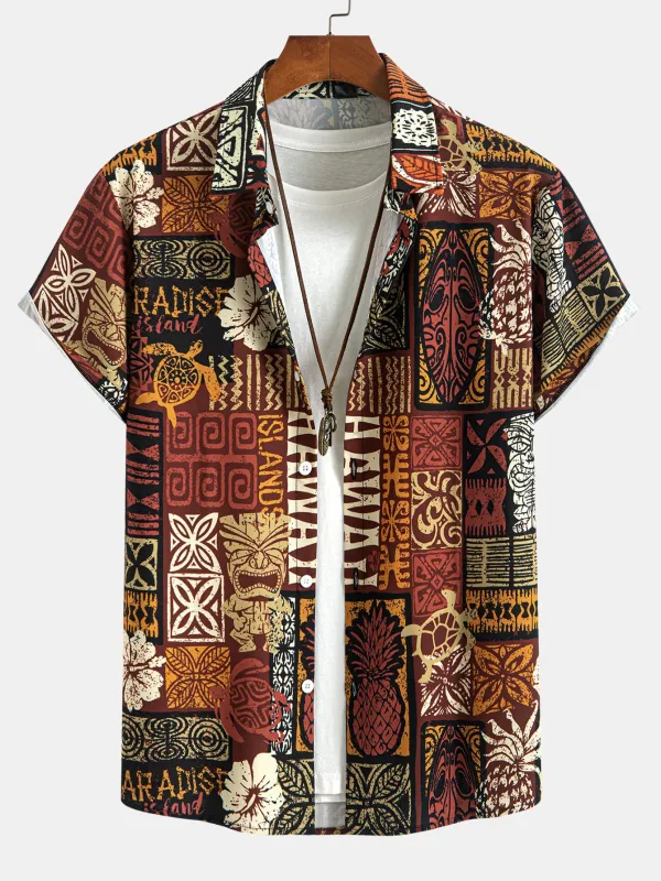 Pineapple Ethnic Hawaii Print Button Up Shirt sold by Hoooyi