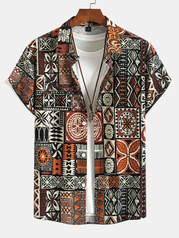 Ethnic Geometry Print Button Up Shirt sold by Hoooyi