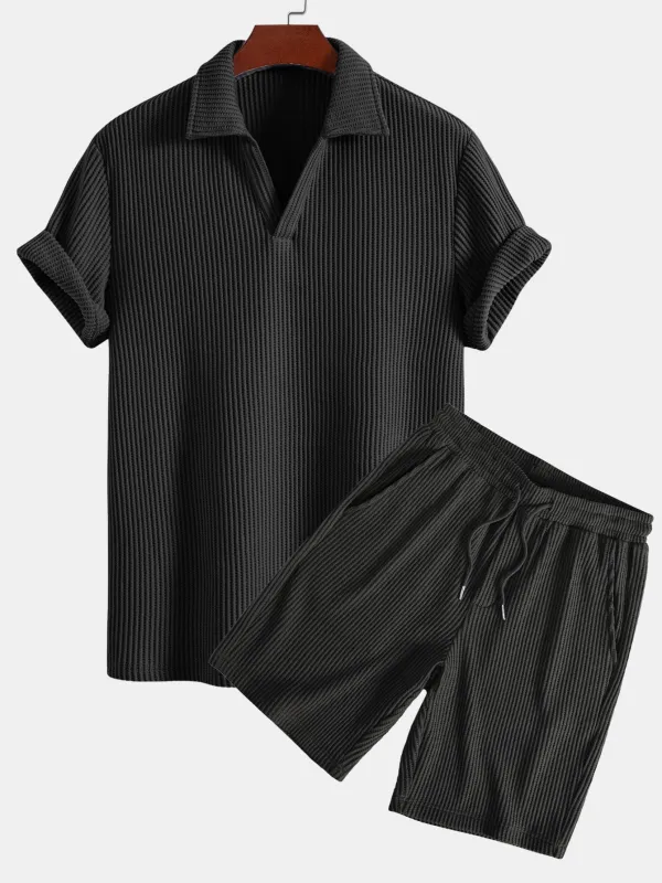 Short Sleeved Waffle V-neck Polo & Drawstring Knitted Waffle Shorts sold by Hoooyi