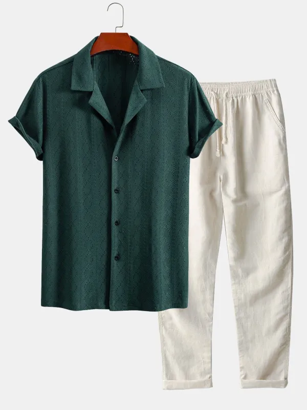 Muscle Fit Diamond Texture Cuban Shirt & Straight Leg Linen Pants sold by Hoooyi