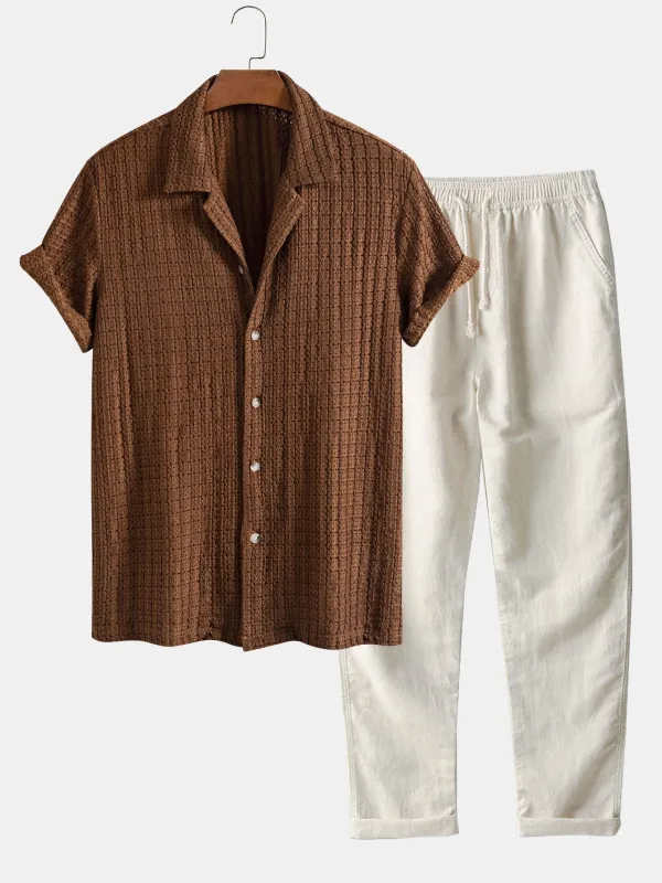 Texture Jacquard Cuban Shirt & Straight Leg Linen Pants sold by Hoooyi