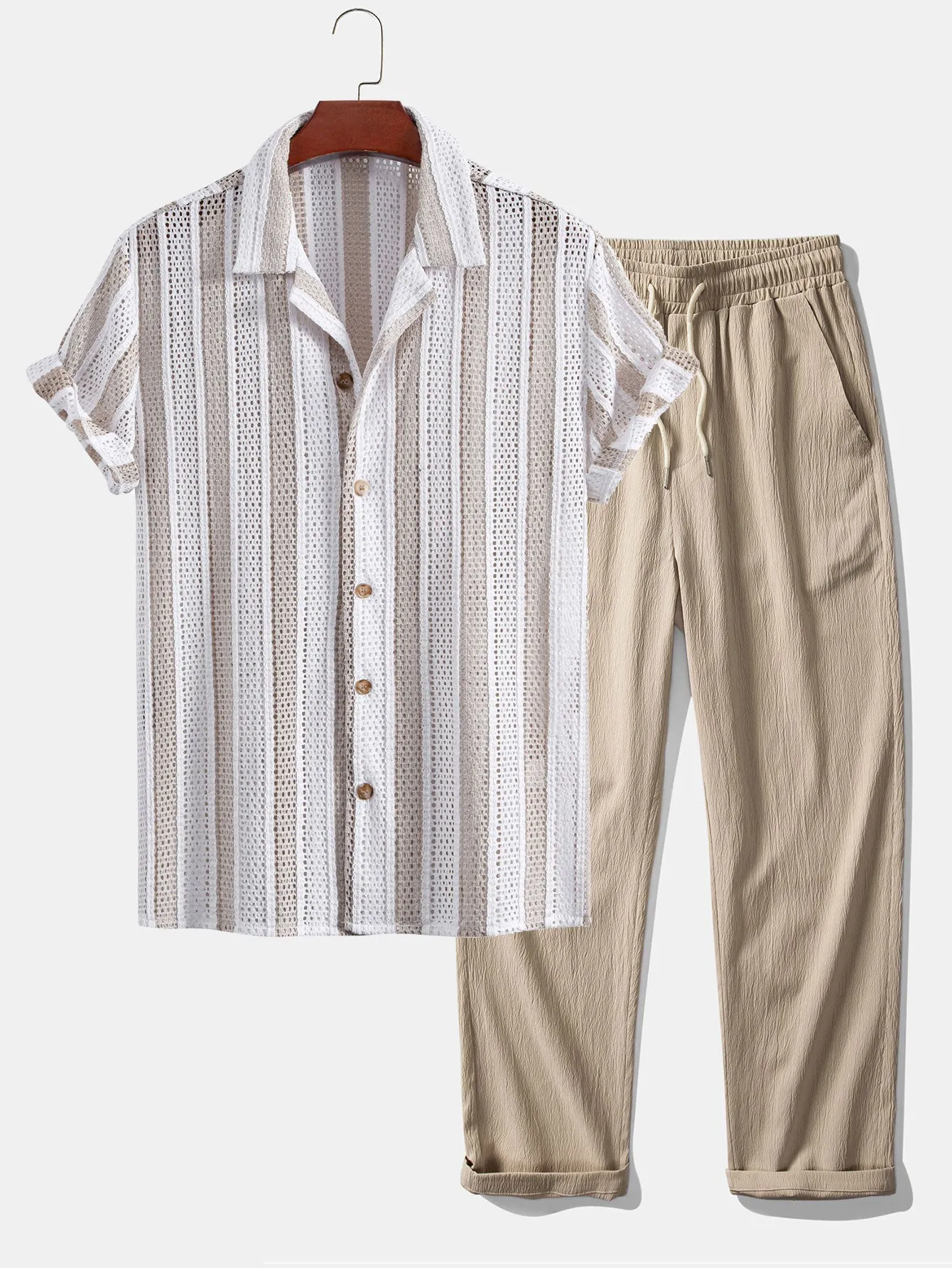 Striped Mesh Cuban Shirt & Wrinkle Textured Straight Leg Pants sold by Hoooyi