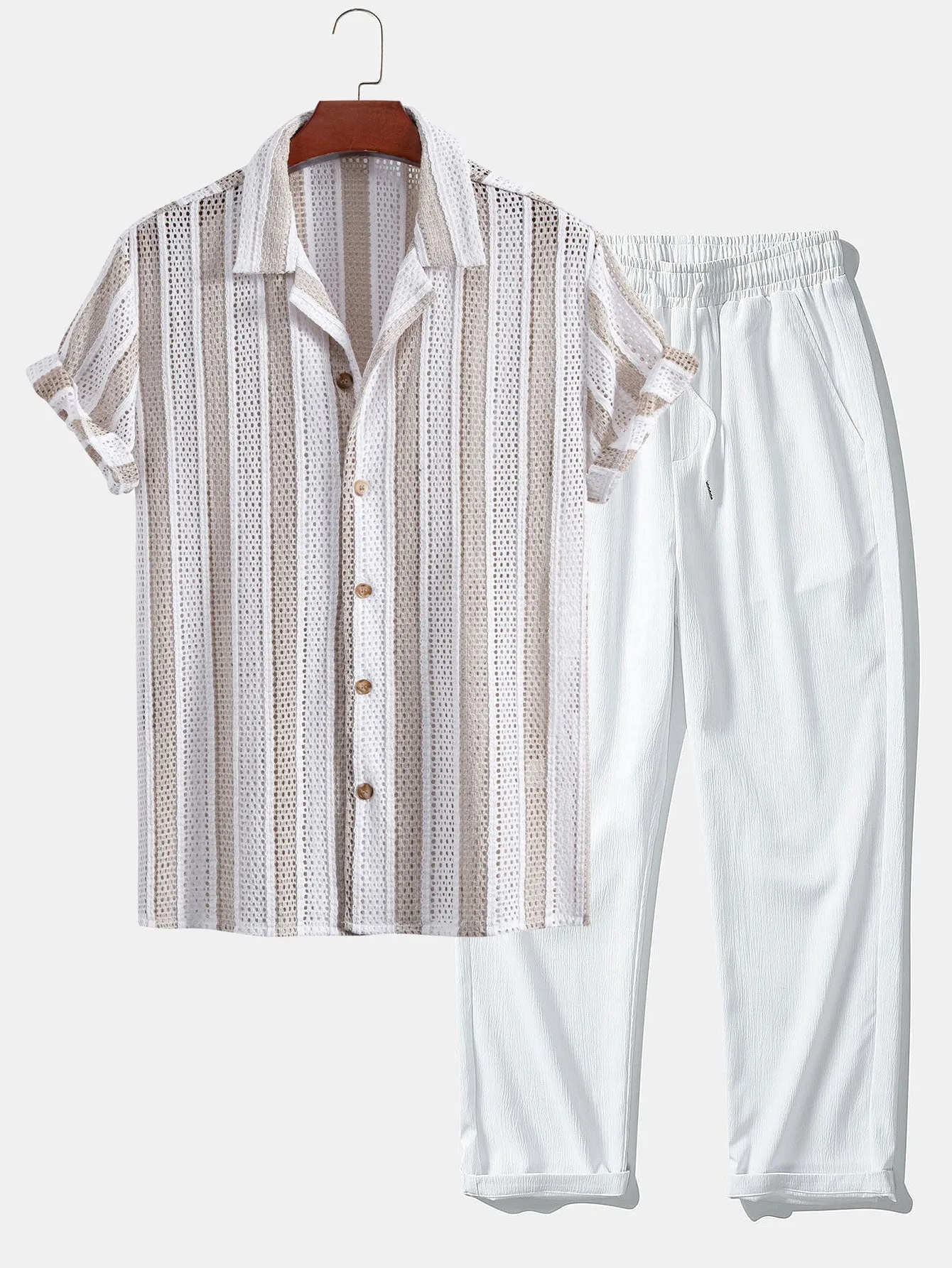 Striped Mesh Cuban Shirt & Wrinkle Textured Straight Leg Pants sold by Hoooyi product image thumbnail 2