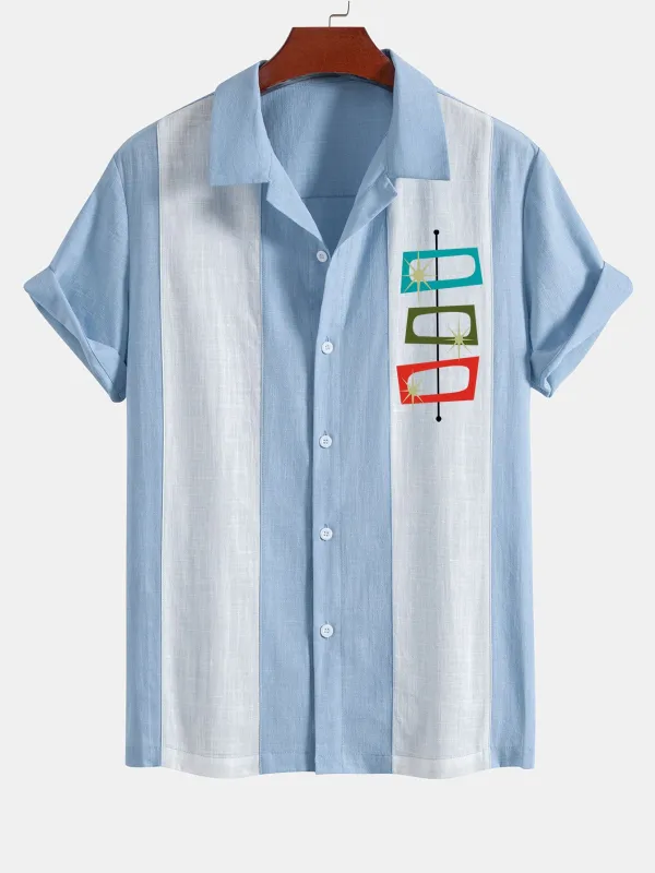 Atomic Print Linen Look Patchwork Bowling Shirt sold by Hoooyi
