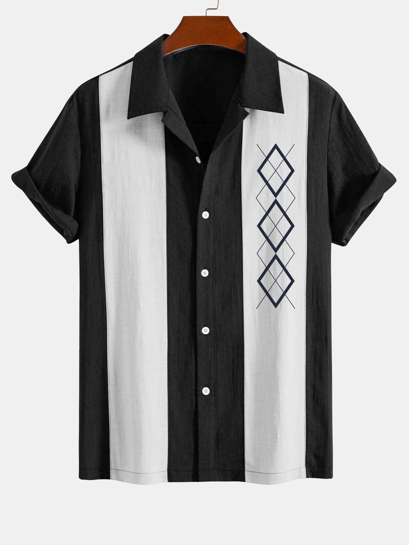 Geometric Rhombus Print Linen Look Patchwork Bowling Shirt sold by Hoooyi product image thumbnail 3