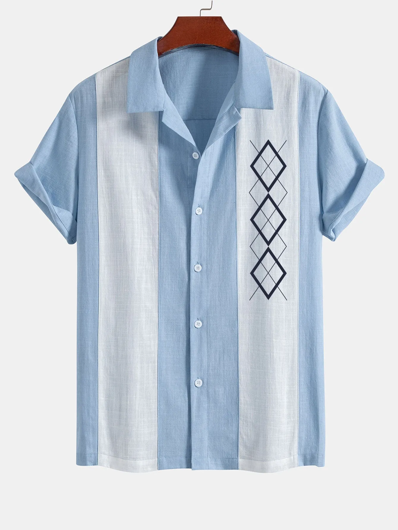 Geometric Rhombus Print Linen Look Patchwork Bowling Shirt sold by Hoooyi product image thumbnail 5