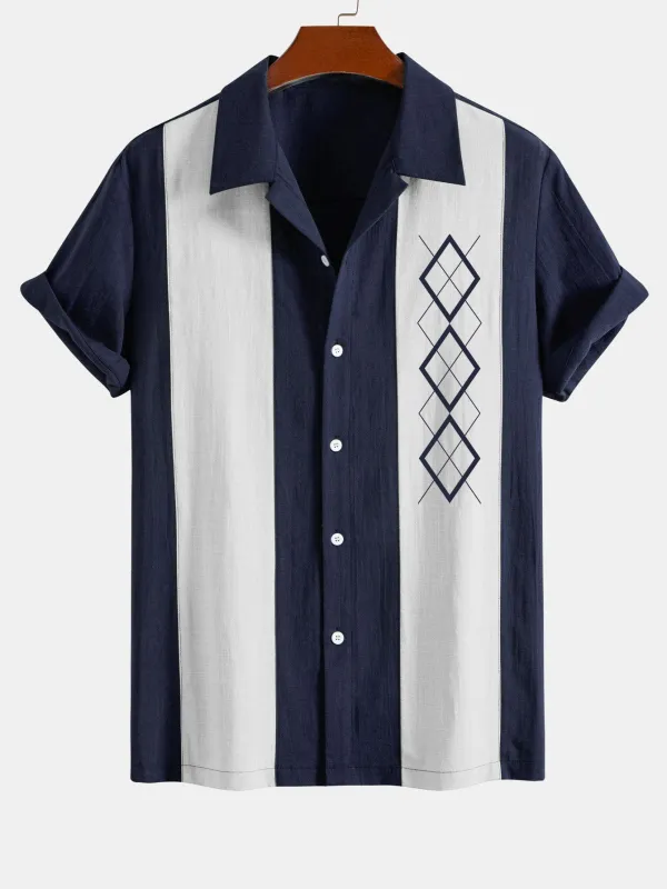 Geometric Rhombus Print Linen Look Patchwork Bowling Shirt sold by Hoooyi