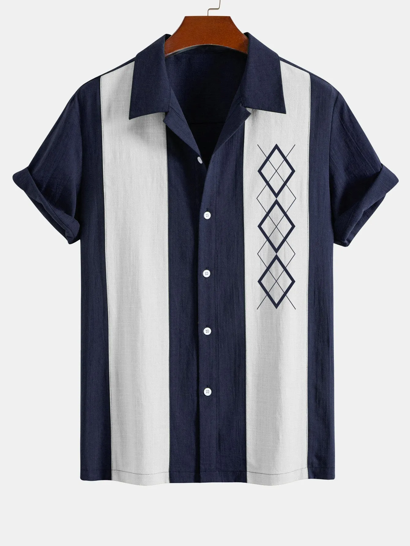 Geometric Rhombus Print Linen Look Patchwork Bowling Shirt sold by Hoooyi
