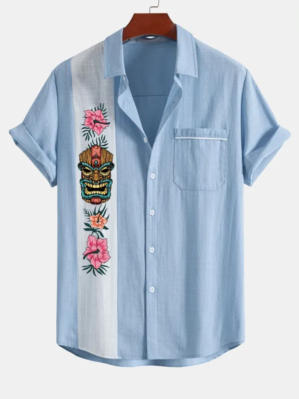 Tiki Tribe Hawaii Print Linen Look Contrast Button Up Shirt sold by Hoooyi