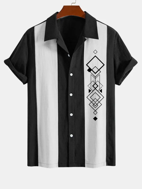Geometric Rhombus Print Linen Look Patchwork Bowling Shirt sold by Hoooyi