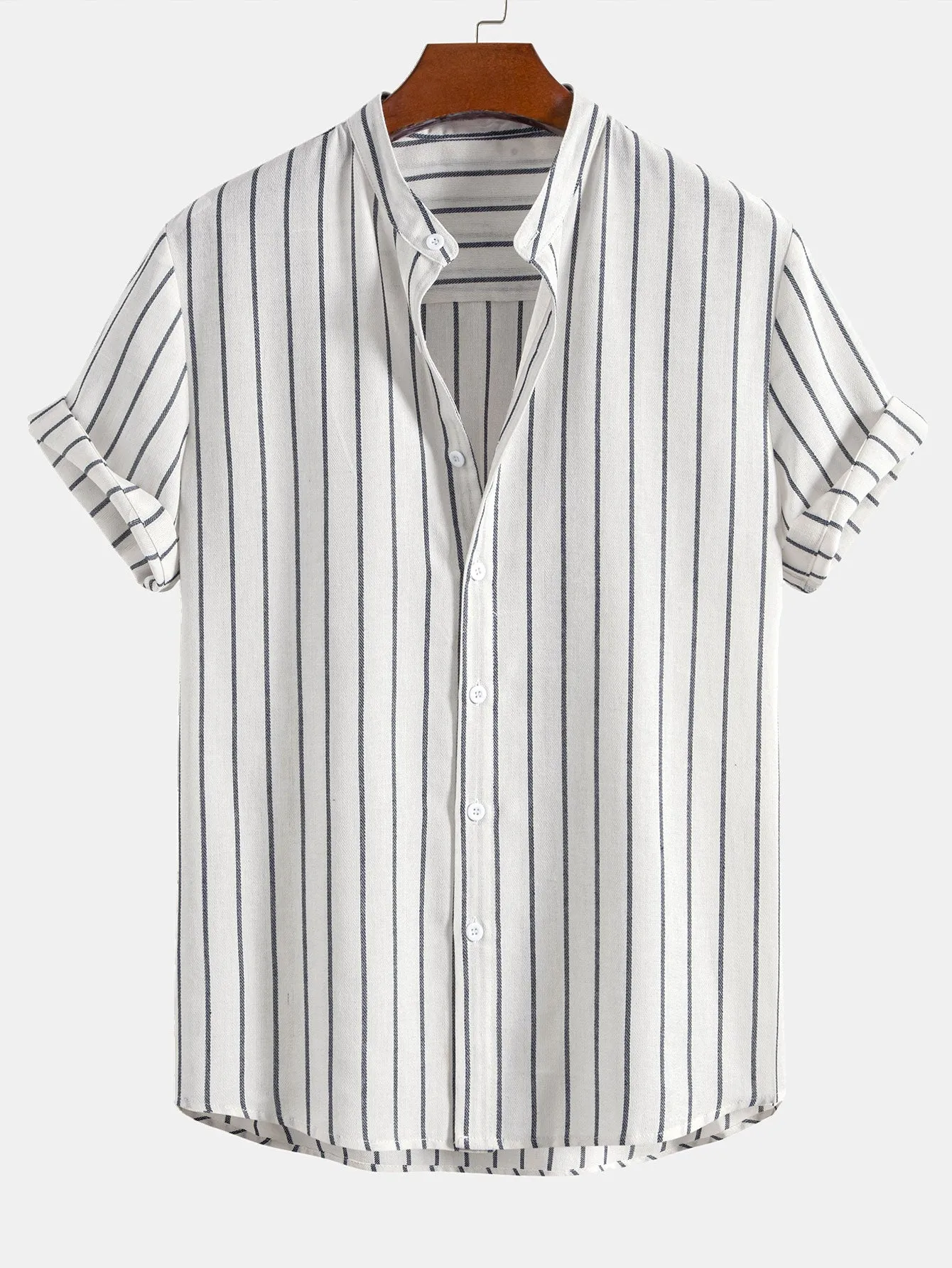 Cotton Blend Striped Stand Collar Shirt sold by Hoooyi