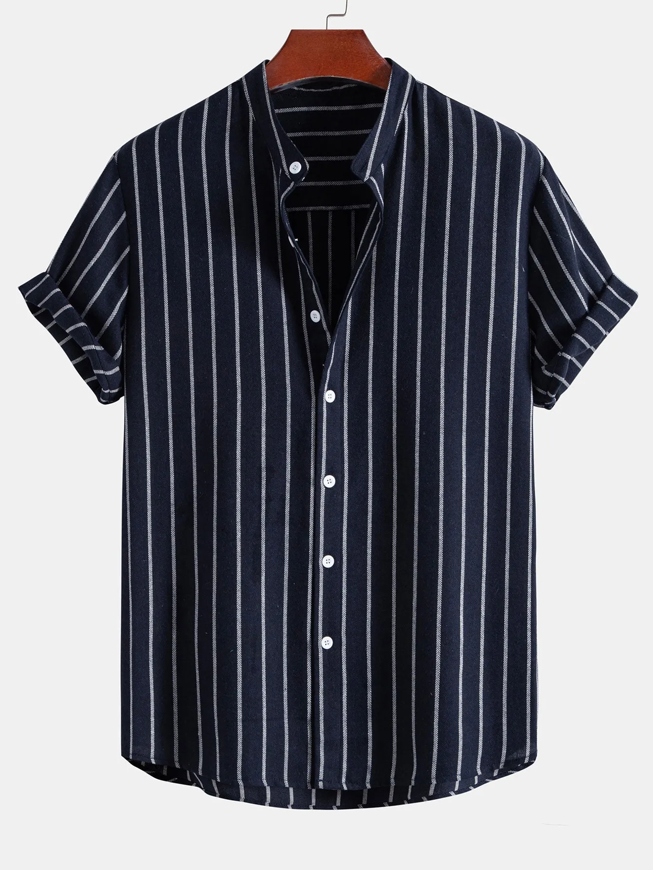 Cotton Blend Striped Stand Collar Shirt sold by Hoooyi product image thumbnail 3