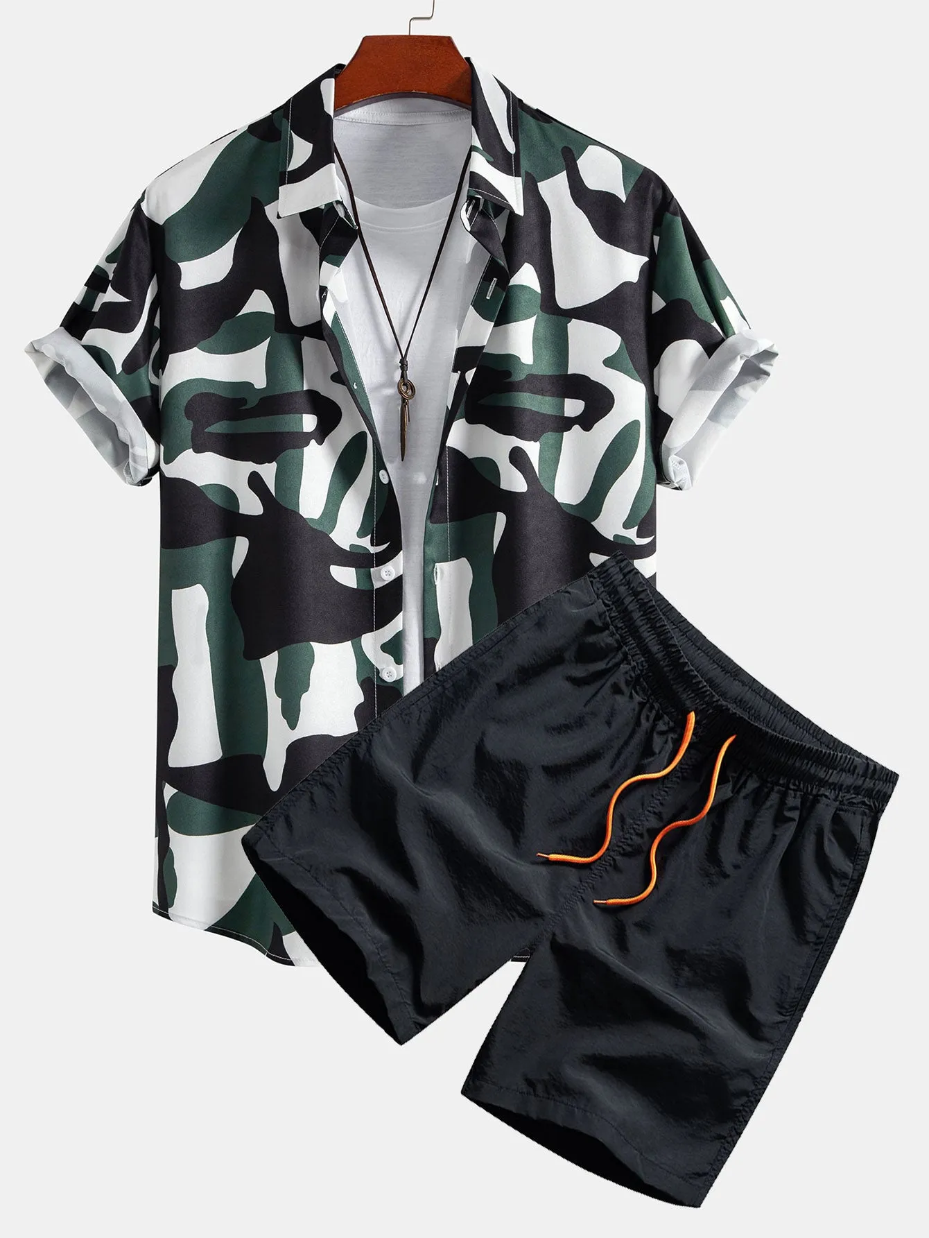 Colorblock Print Button Up Shirt & Swim Shorts sold by Hoooyi