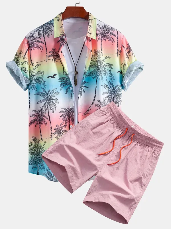 Palm Tree Seagull Print Button Up Shirt & Swim Shorts sold by Hoooyi