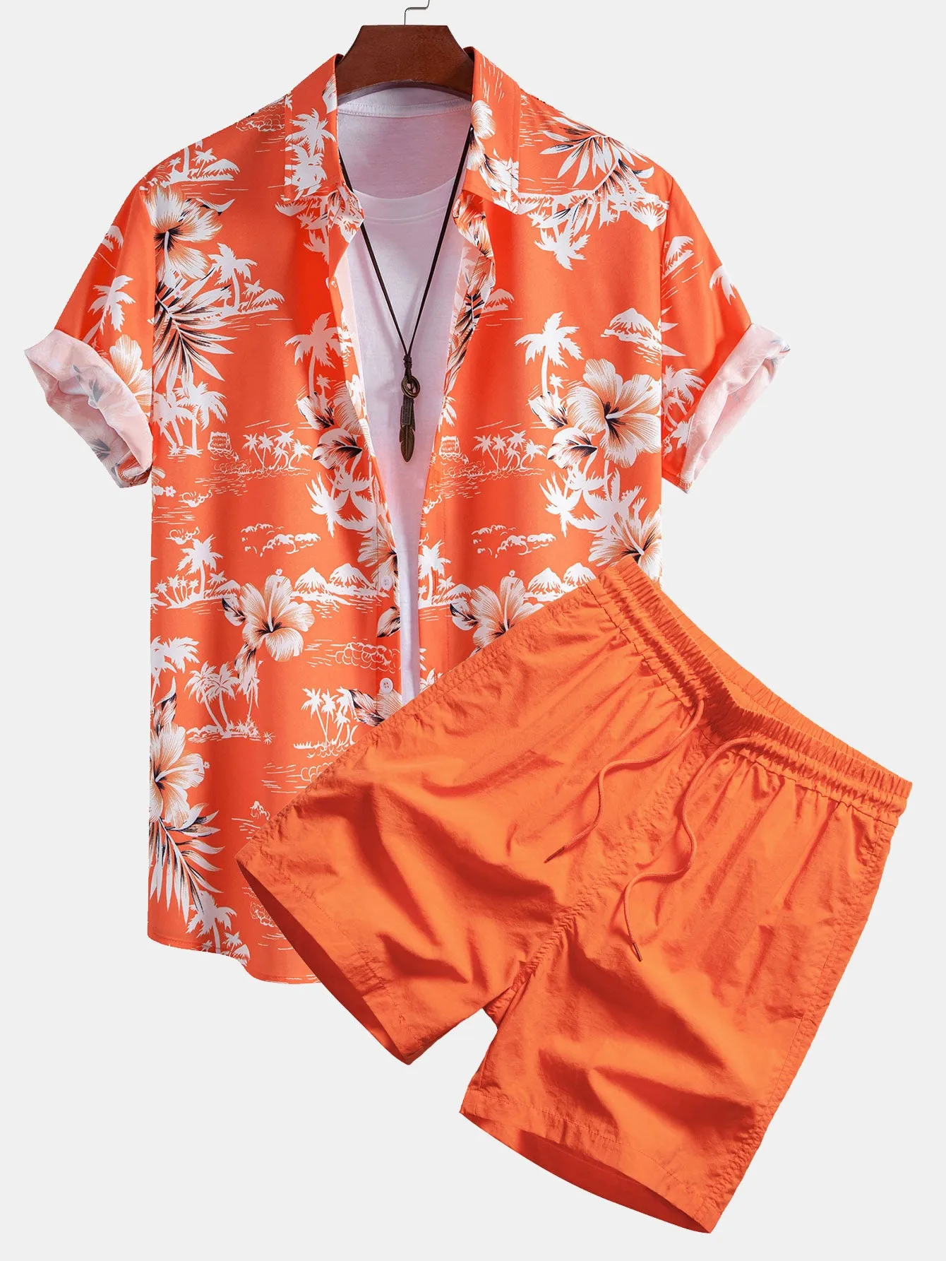 Palm Tree Tropical Flora Print Button Up Shirt & Swim Shorts sold by Hoooyi