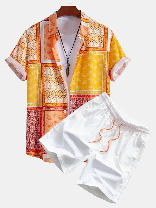 Paisley Border Button Up Shirt & Swim Shorts sold by Hoooyi