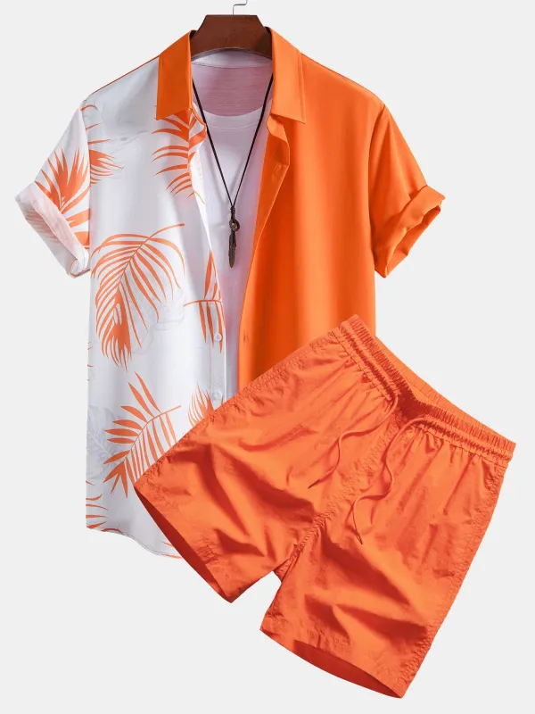 Leaf Print Patchwork Button Up Shirt & Swim Shorts sold by Hoooyi
