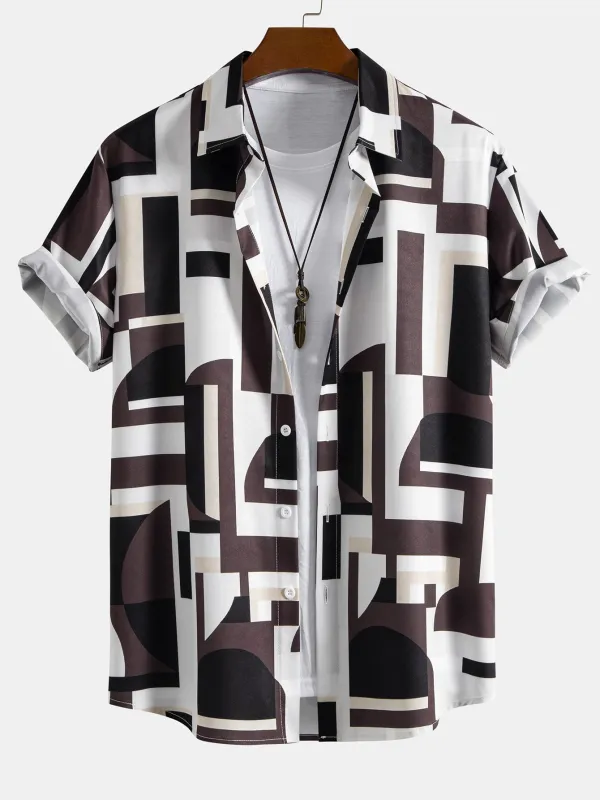 Geometry Colorblock Print Button Up Shirt sold by Hoooyi