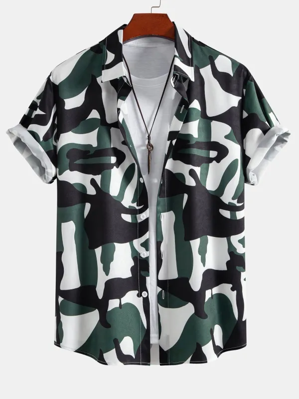 Colorblock Print Button Up Shirt sold by Hoooyi