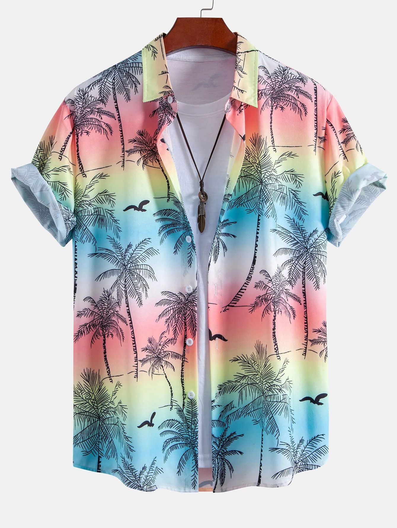 Palm Tree Seagull Print Button Up Shirt sold by Hoooyi