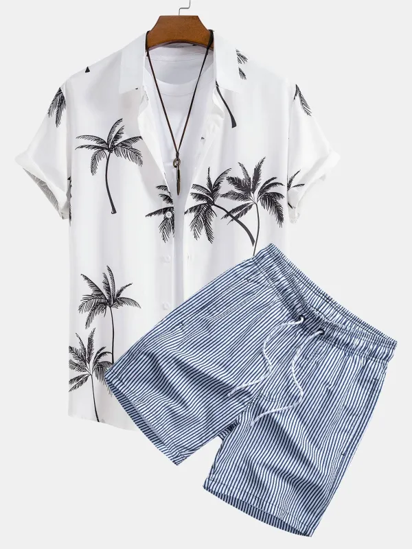 Palm Tree Print Button Up Shirt & Stripe Print Swim Shorts sold by Hoooyi