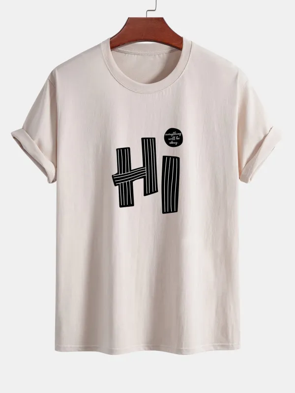 Regular Fit Hi Slogan Lines Print Cotton T-Shirt sold by Hoooyi