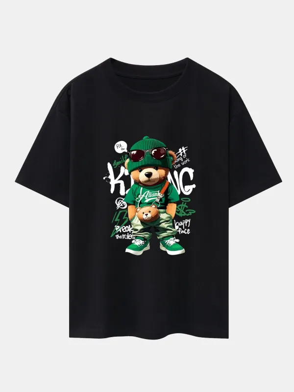 Graffiti Bear Print Drop Shoulder Oversize T-Shirt sold by Hoooyi